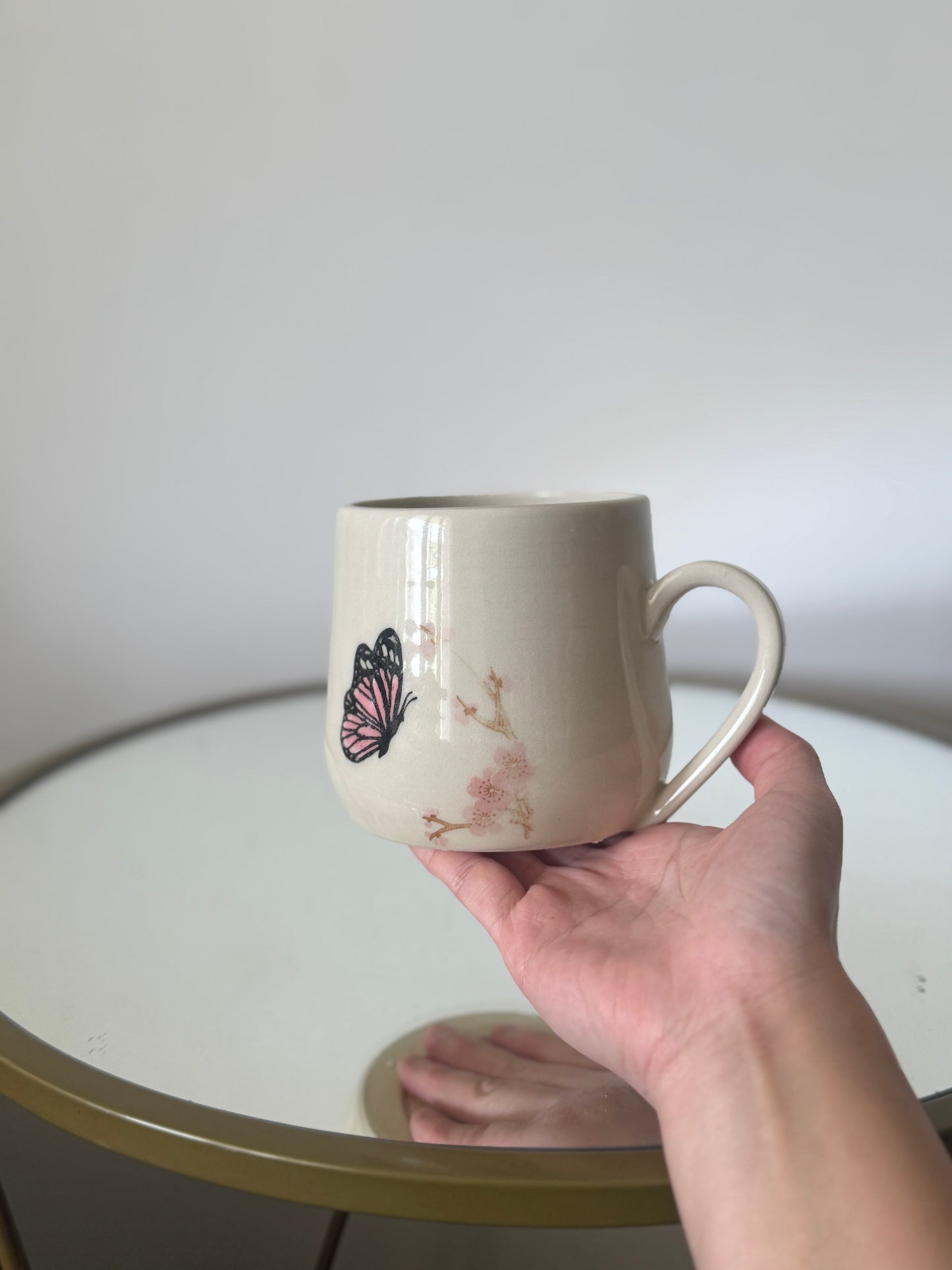 Cherry Blossom & Pink Butterfly – Clear Glaze Mug