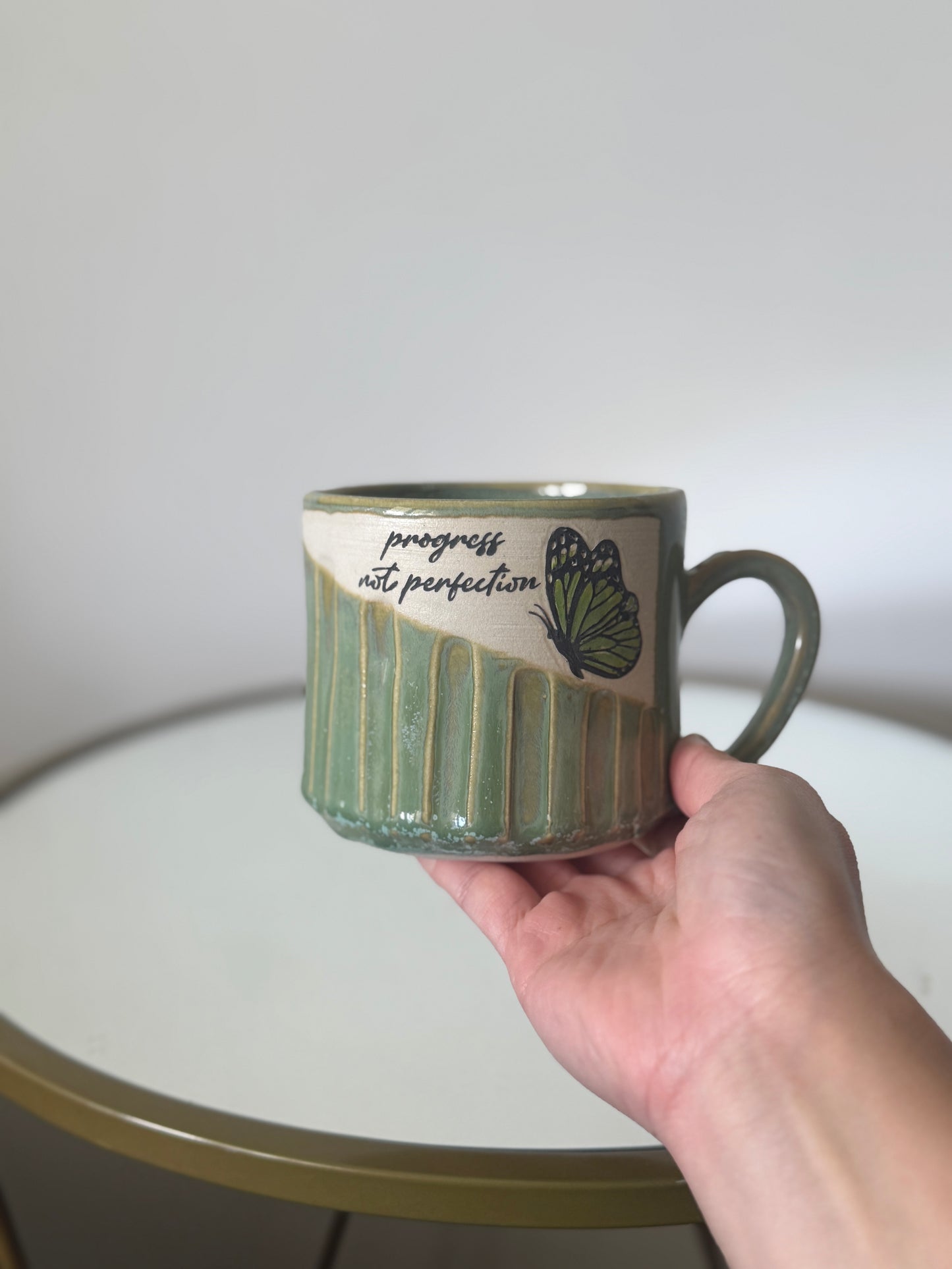Progress Not Perfection – Carved Green Butterfly Mug