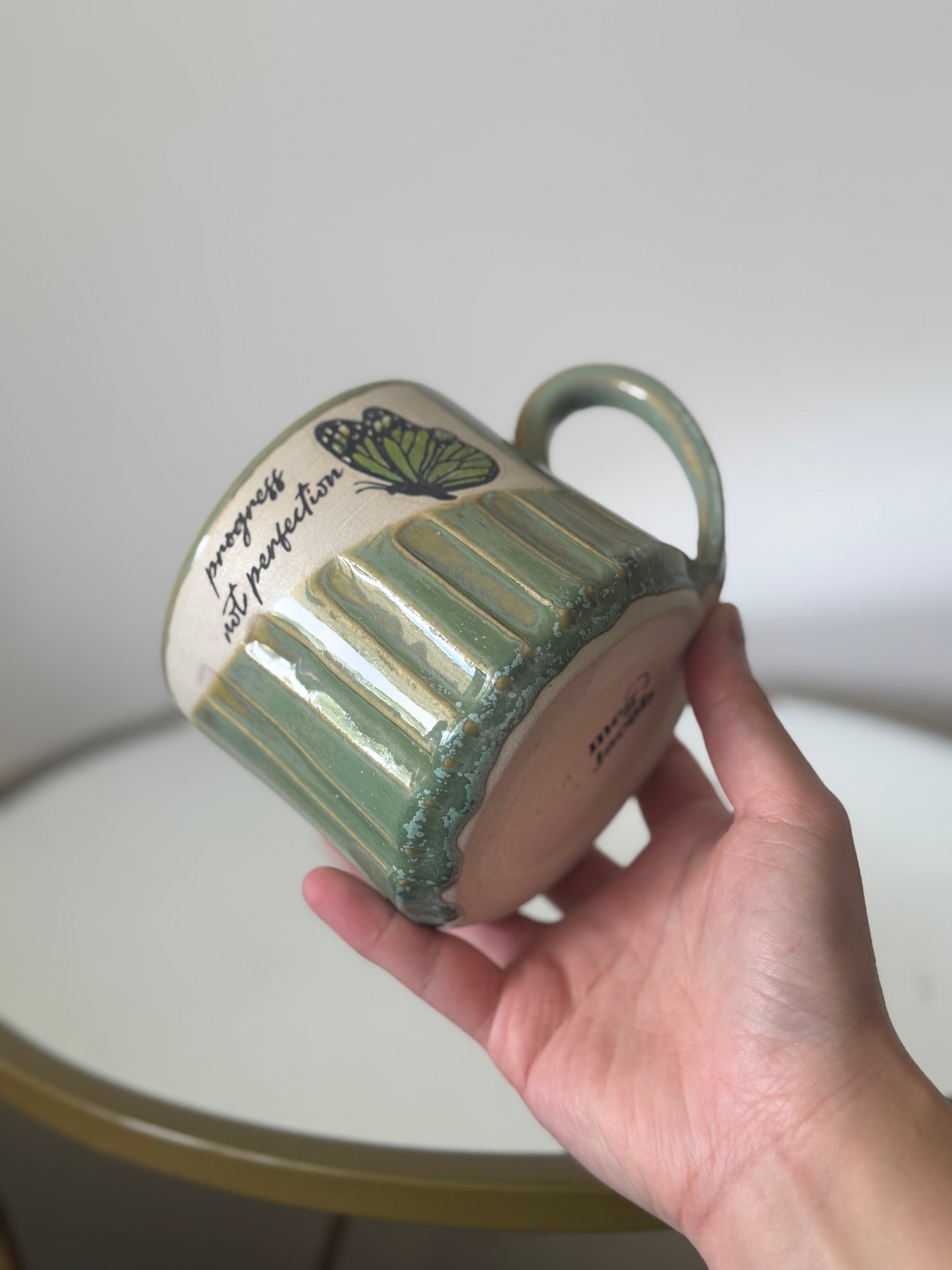 Progress Not Perfection – Carved Green Butterfly Mug