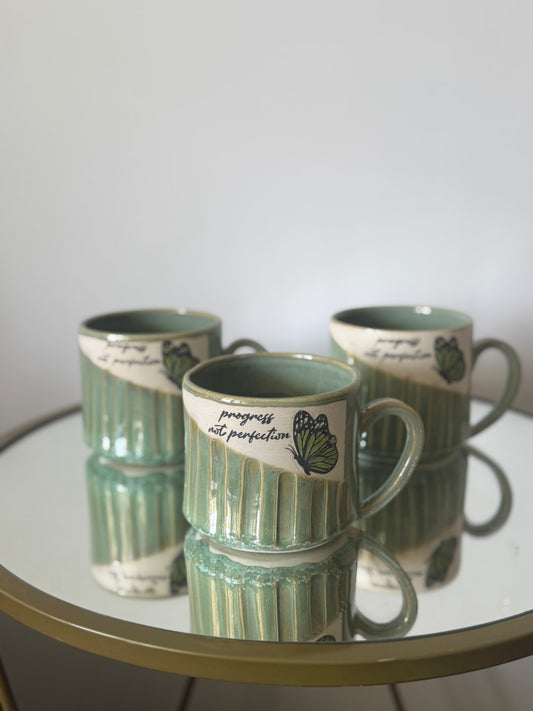Progress Not Perfection – Carved Green Butterfly Mug